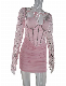  Pink Long Sleeve Sequin Dress Flash Party Sexy Strap Pleated Ladies Dress