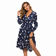  New Arrival Spring V-Neck Collect Waist Long Sleeves Floral Dress