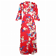 Women′s Summer Beach Floral Printed Low Cut V Neck Maxi Casual Chiffon Dress