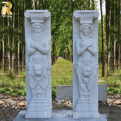 Hand Carved Decorative White Marble Pillar Greek Roman Figure Columns