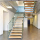 Inside Stair Modern House Residential Steel Stairs/ Floating Straight Staircase with Carbon Steel Stringer and Wood Steps Glass Steps Glass Railing