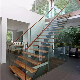 High End Mono Stairs with Safety Tempered Glass Railing Wood Steps Straight Staircase Design