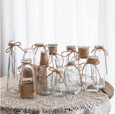 Country Style Hemp Rope Wedding Centerpieces Textured Rose Glass Small Jar Bottle Vase