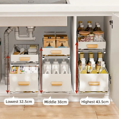 Foldable Metal Adjustable Height 2 Tier Storage Organizer with Sliding Drawer