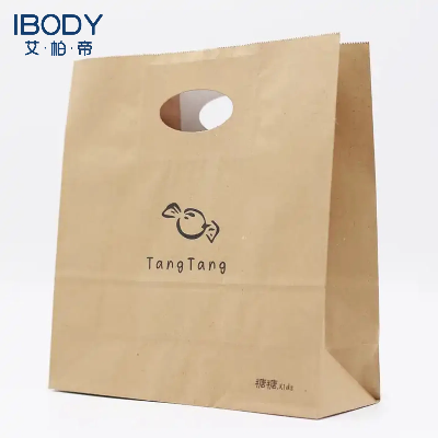 China Manufacturer Food Takeaway Packaging Brown Kraft Paper Bag with Die-Cut Handle