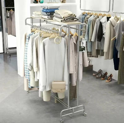 Wholesales Stainless Steel Double Side Clothes Display Standing Rack Garments Store Fixture