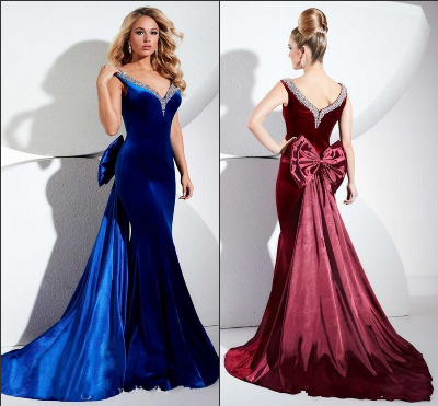 Mermaid Evening Dress Blue Wine Velvet Prom Dress Beaded Formal Gown W918