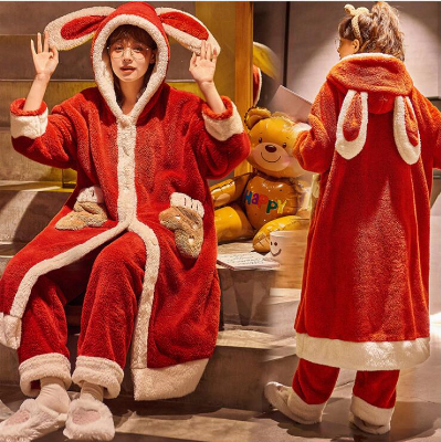 Christmas Couple Pajamas Winter Coral Fleece Long Night Gown Flannel
