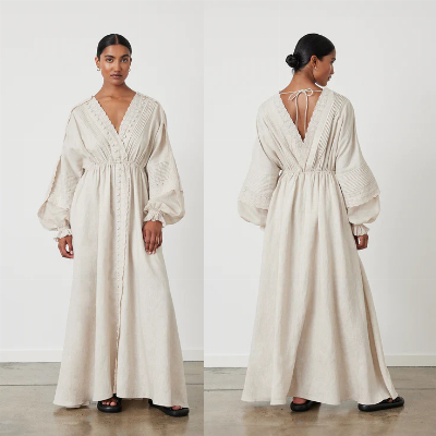 Custom Long Sleeve V Neck Elegant Ladies Linen White Dresses for Woman