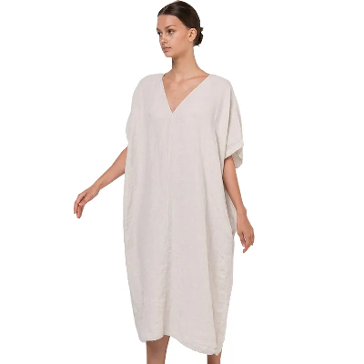 French Short Sleeve with Pockets Long Linen Casual Dress for Women