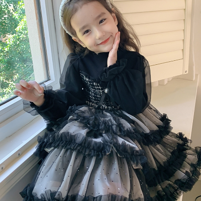 Children Clothing OEM Customized Black Girl′s Autumn Woolen Dress Long Cake Skirt