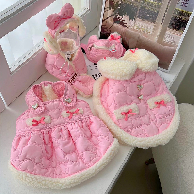 Trendy Coral Bowknot Dog Coat Pet Clothes Winter Dress Wear