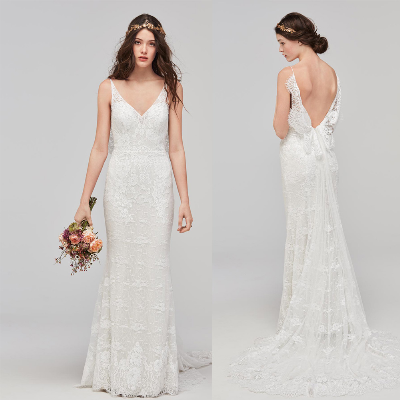 V-Neck Lace Wedding Dress 220 Beaded Sheath Garden Beach Bridal Dresses M5283