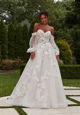 Strapless Detachable Long Bishop Sleeves Lace A Line Wedding Bridal Dress