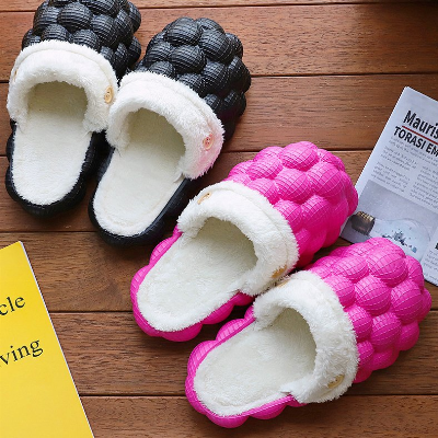 Waterproof EVA Upper Plush Fuzzy Fur Lined Bubble Slippers Indoor House Slippers
