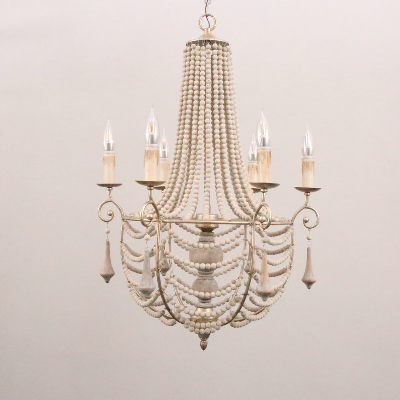 Iron Chandelier with Wood Beads for Farmhouse Living Room  (WH-CI-79)